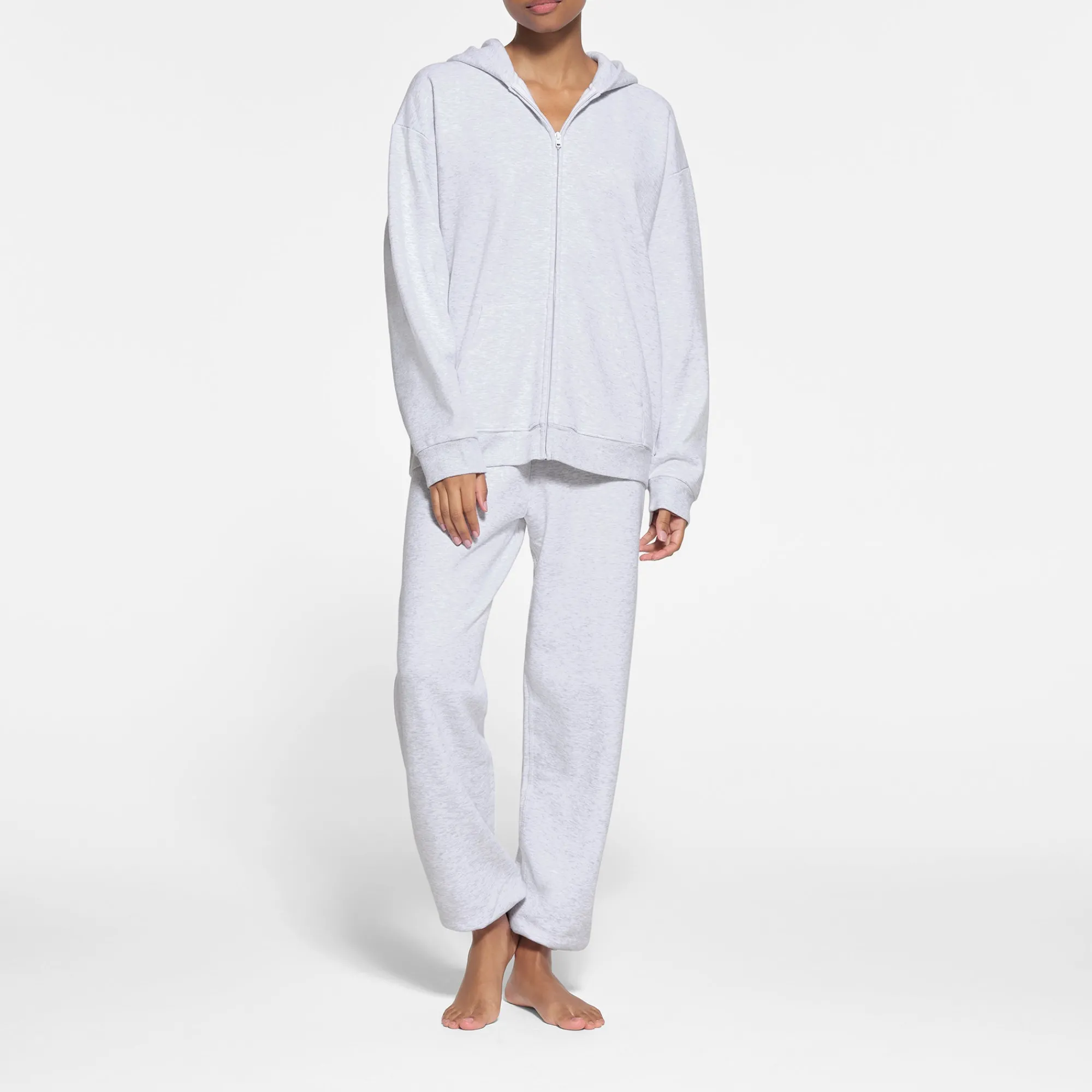 COTTON FLEECE OVERSIZED ZIP UP HOODIE | LIGHT HEATHER GREY-Skims New