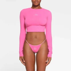 COTTON JERSEY LONG SLEEVE CROPPED T-SHIRT | HOT PINK-Skims Clearance