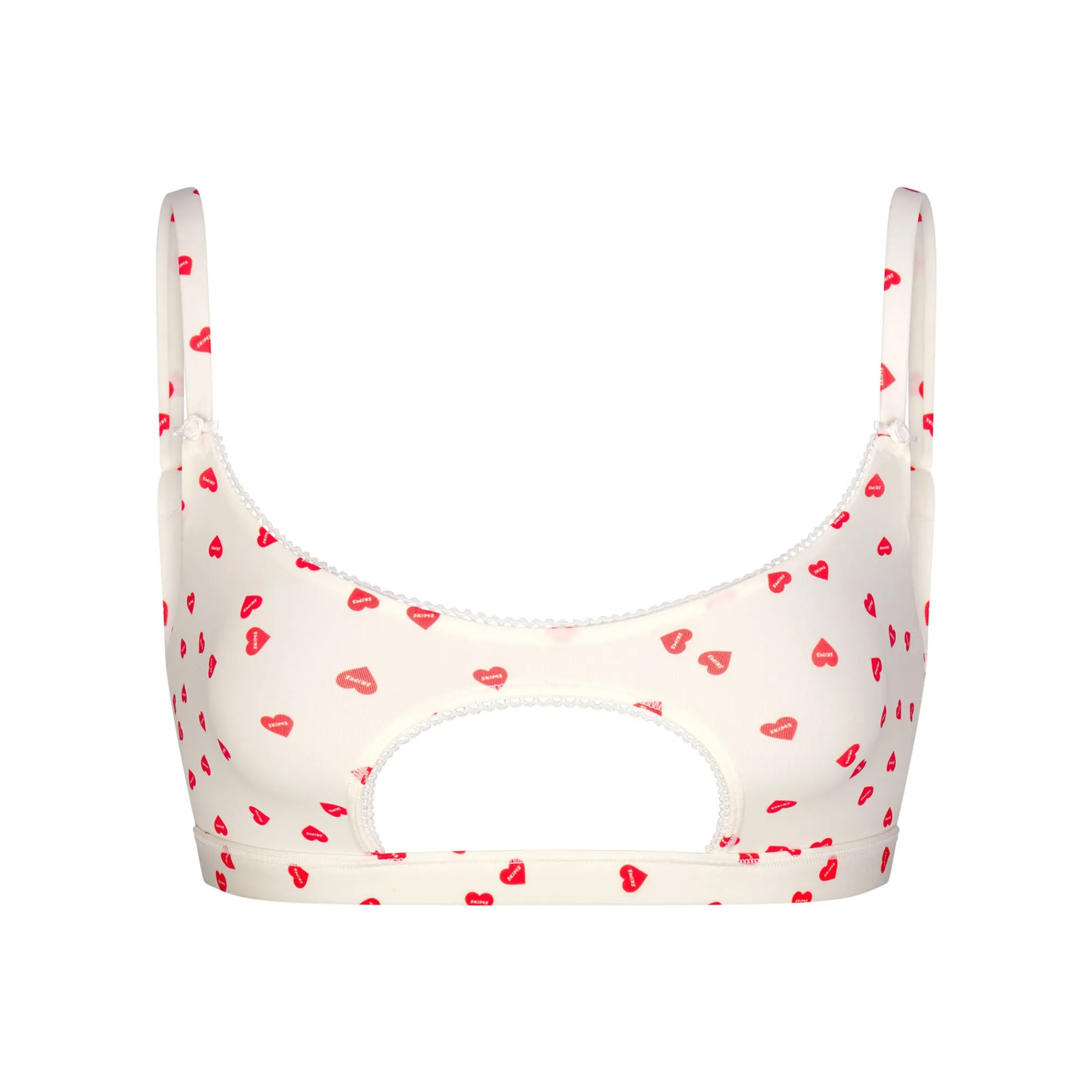 FITS EVERYBODY PICOT TRIM CUT OUT SCOOP BRALETTE | RUBY HEART PRINT-Skims New