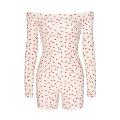 FITS EVERYBODY PICOT TRIM OFF THE SHOULDER ONESIE | RUBY HEART PRINT-Skims Online