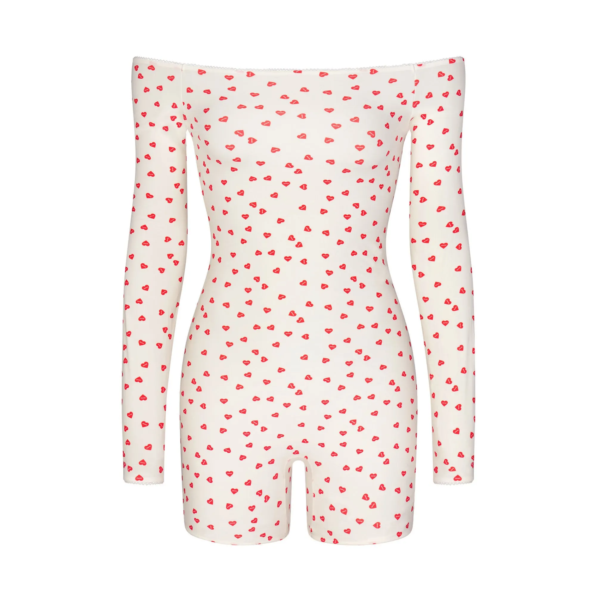 FITS EVERYBODY PICOT TRIM OFF THE SHOULDER ONESIE | RUBY HEART PRINT-Skims Online