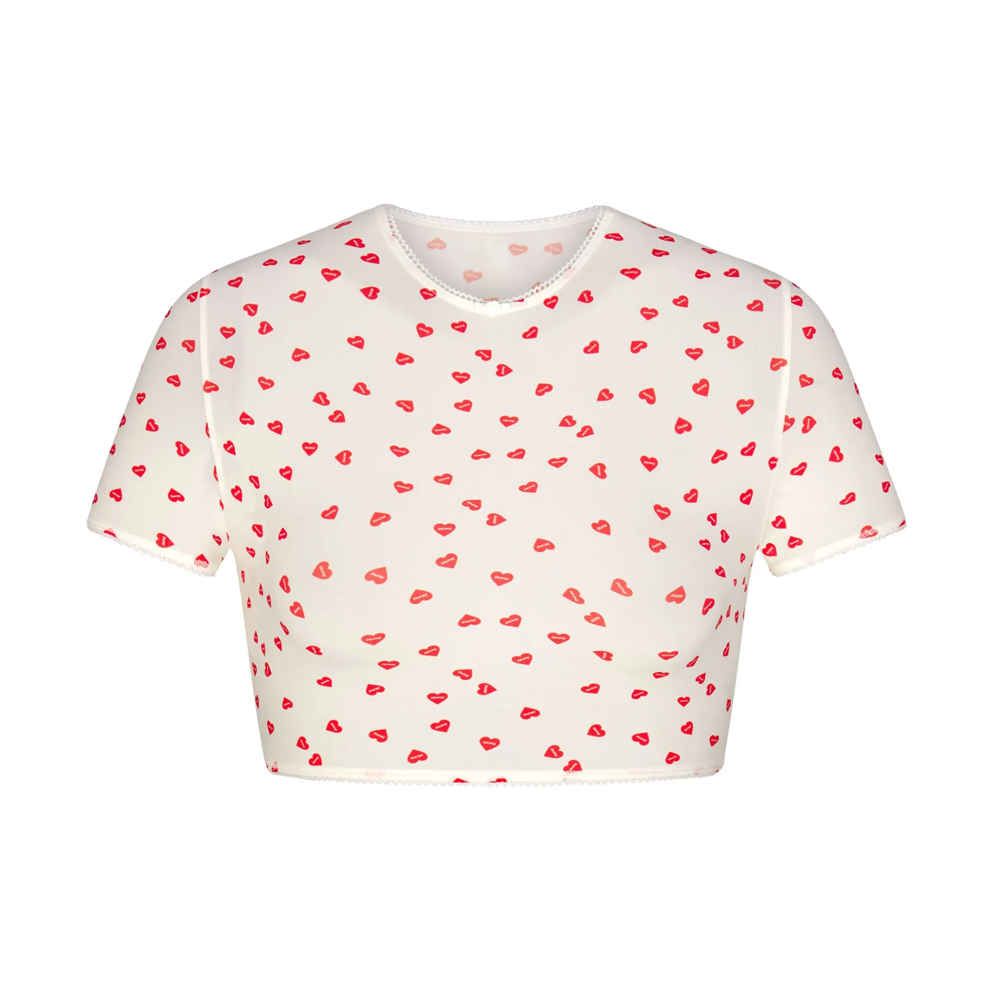 FITS EVERYBODY PICOT TRIM SUPER CROPPED T-SHIRT | RUBY HEART PRINT-Skims Best