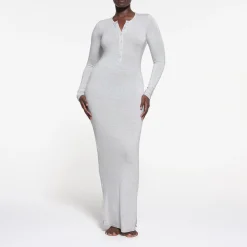 SLEEP HENLEY LONG DRESS | LIGHT HEATHER GREY-Skims Clearance