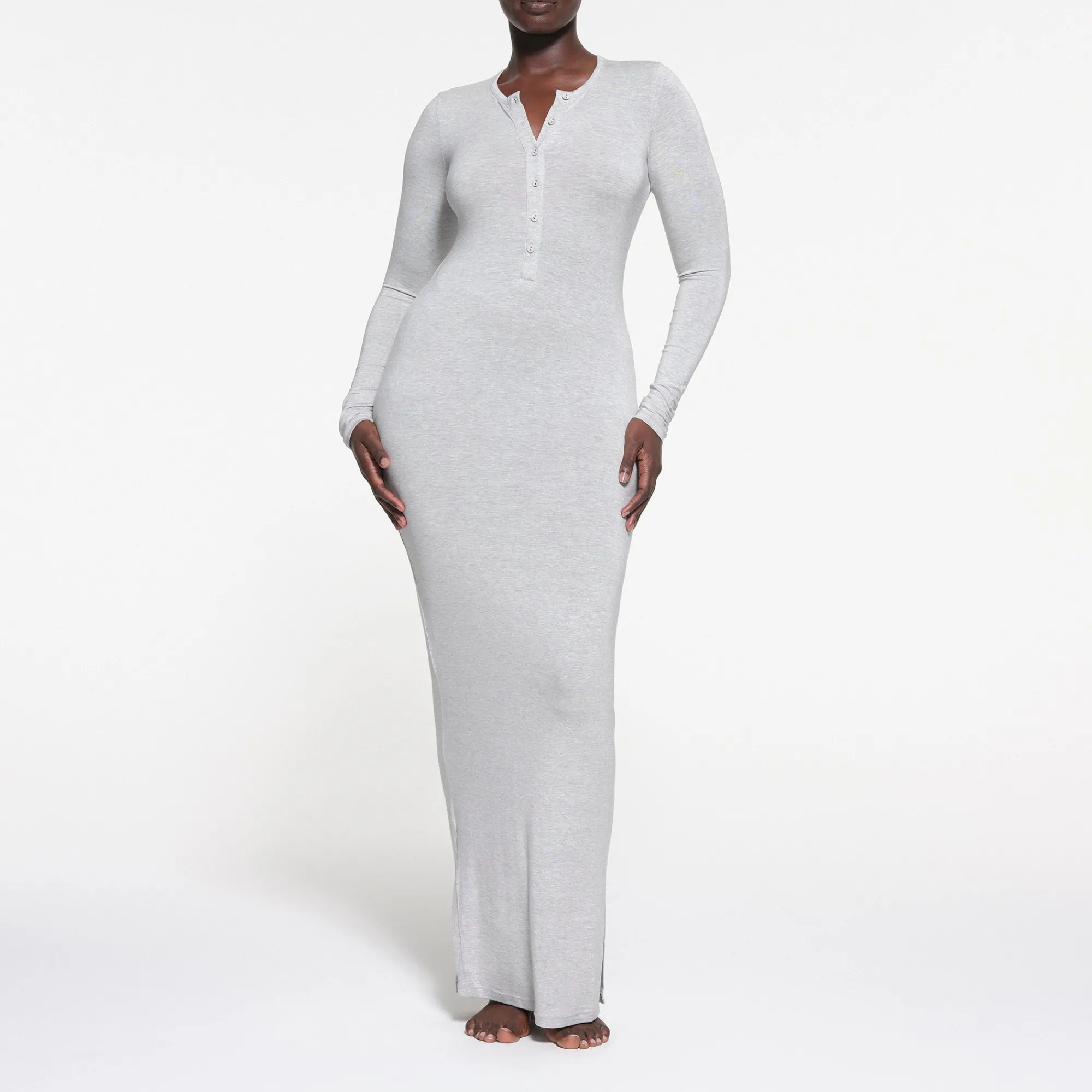 SLEEP HENLEY LONG DRESS | LIGHT HEATHER GREY-Skims Clearance