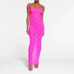 STRETCH LACE CAMI LONG DRESS | NEON PINK-Skims Best