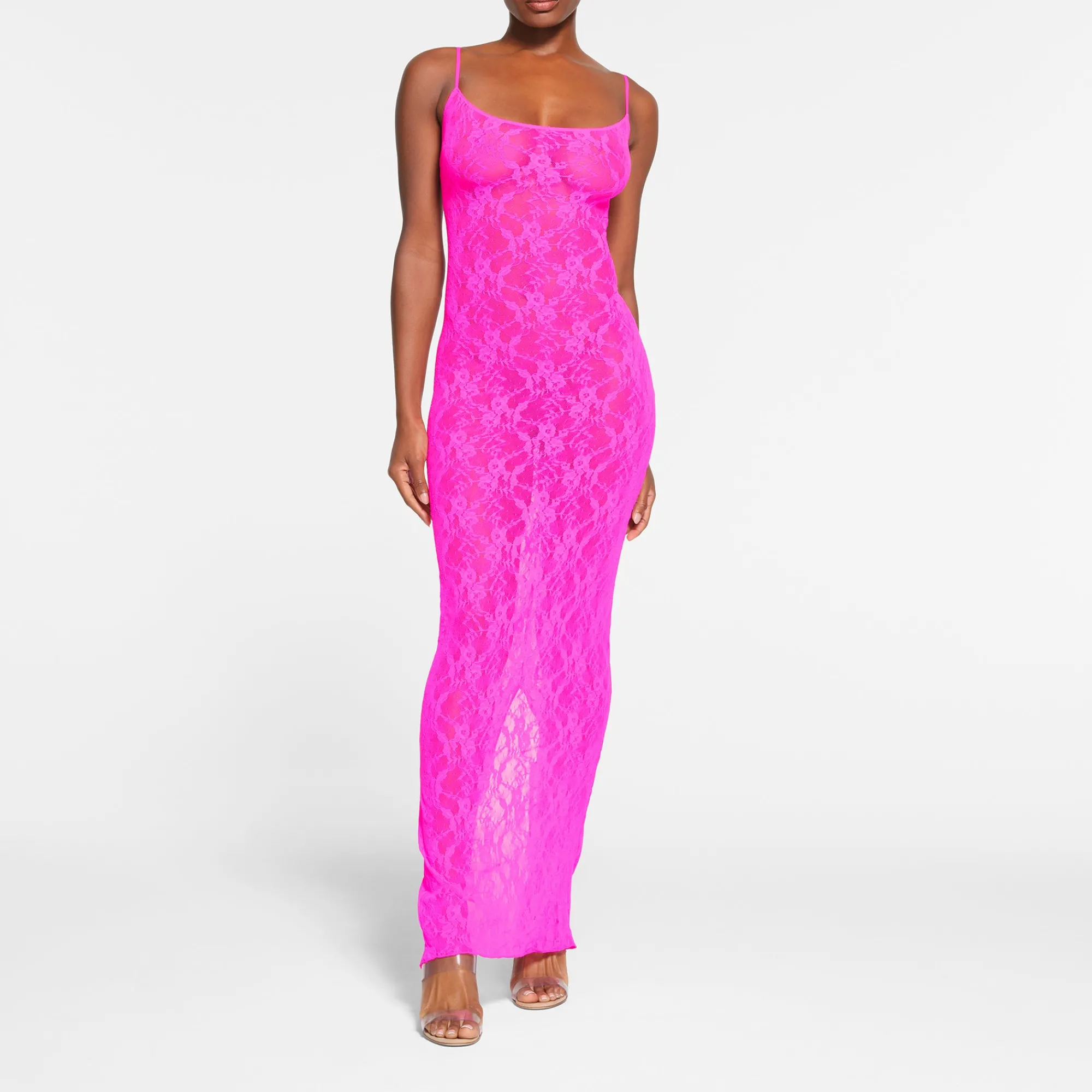 STRETCH LACE CAMI LONG DRESS | NEON PINK-Skims Best