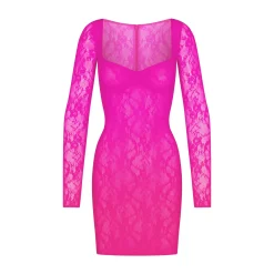 STRETCH LACE LINED LONG SLEEVE UNDERWIRE DRESS | NEON PINK-Skims Clearance