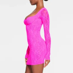 STRETCH LACE LINED LONG SLEEVE UNDERWIRE DRESS | NEON PINK-Skims Clearance